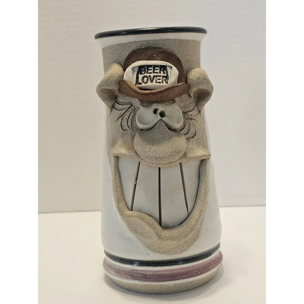Vtg 80s Mahon Stoneware Ugly Face Beer Stein Mug 3D BEER LOVER 38fl oz signed